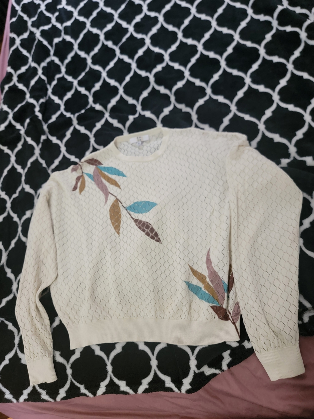 Cream Knit Sweater with Multicolor Leaf Motif
